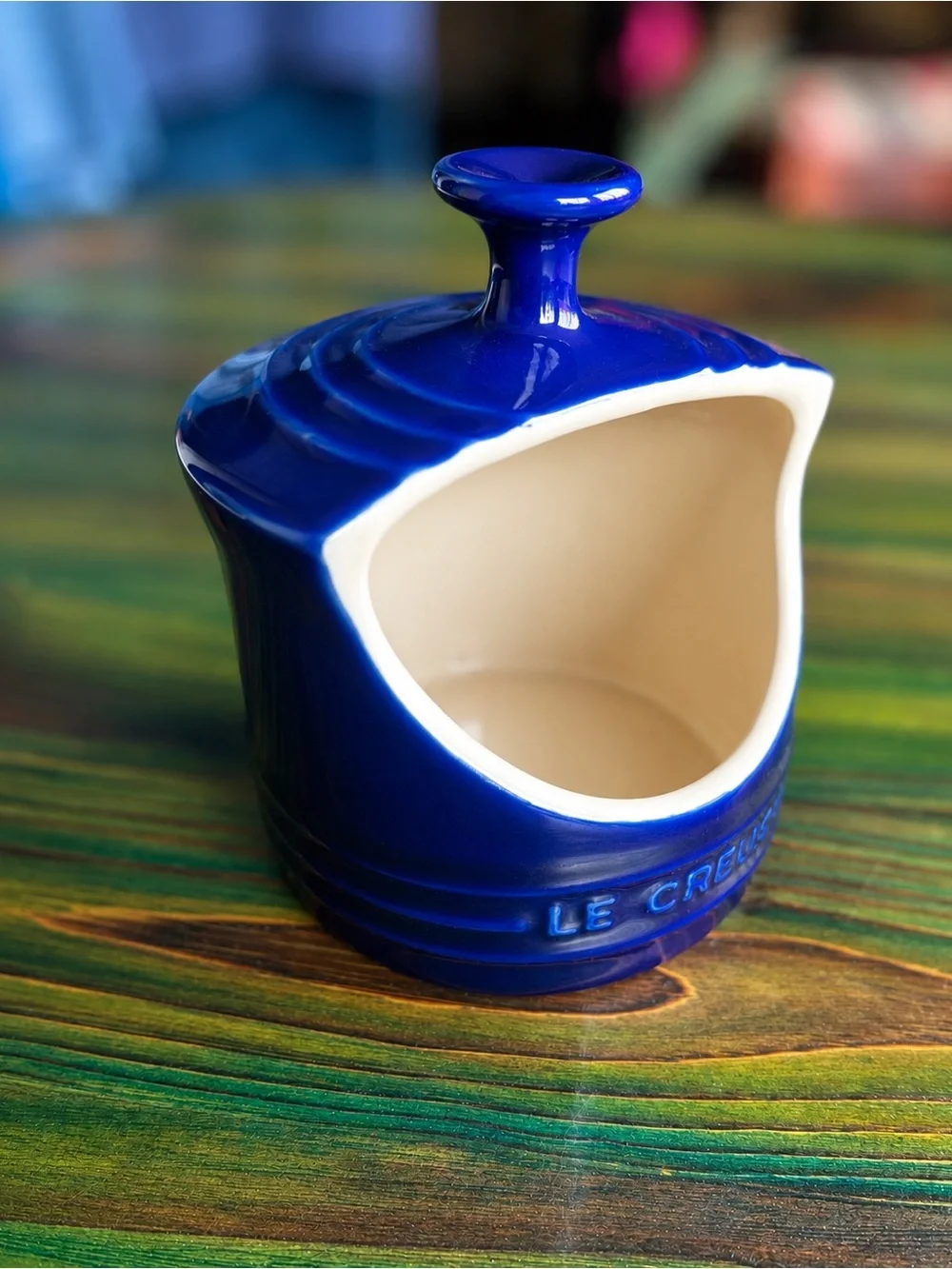 Le Creuset Cobalt Blue Stoneware Salt Crock Cellar 10 Oz with Lid